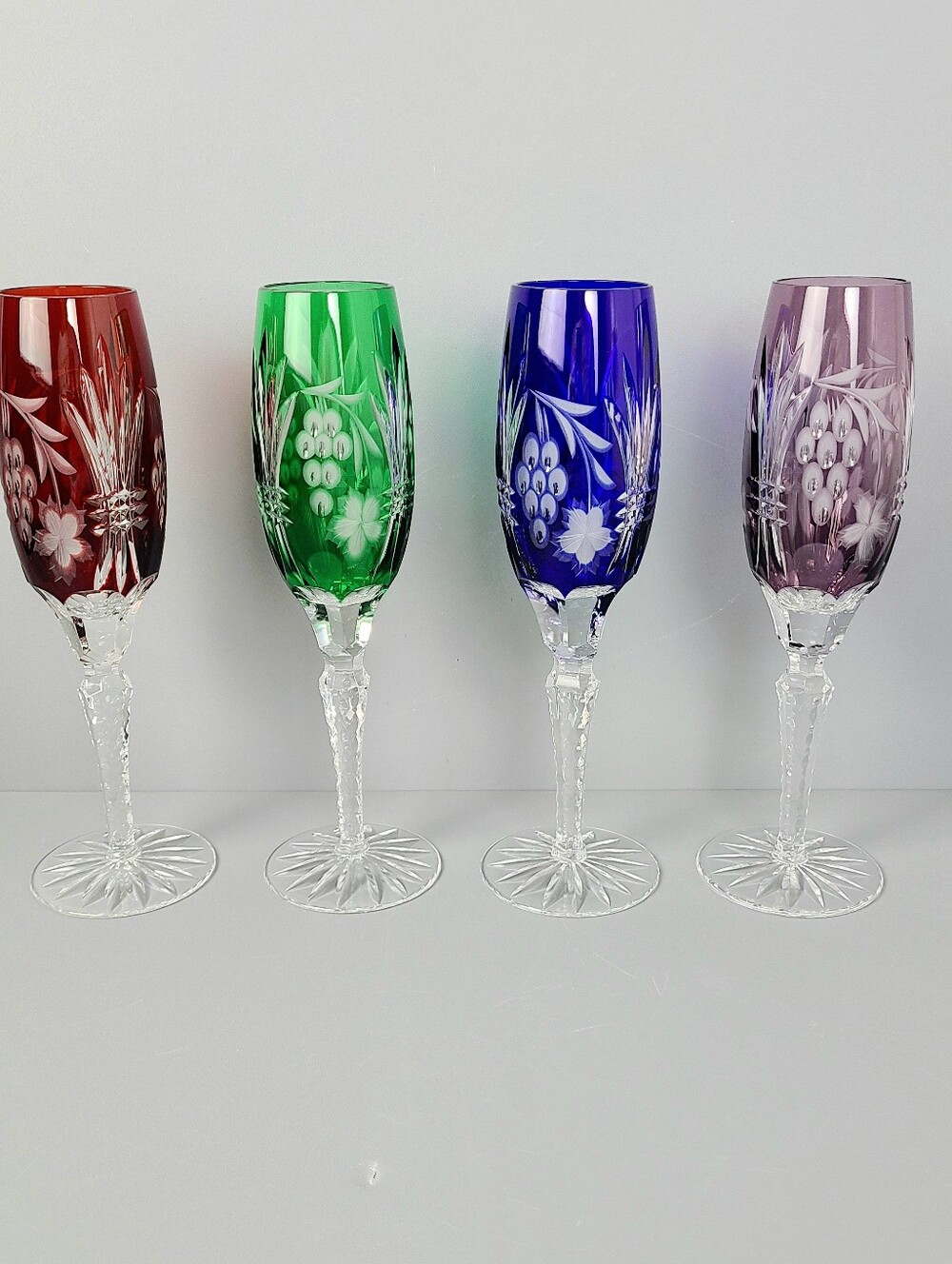 Ajka Marsala Cut to Clear Crystal Vintage Champagne Flute Glasses-Set of Four